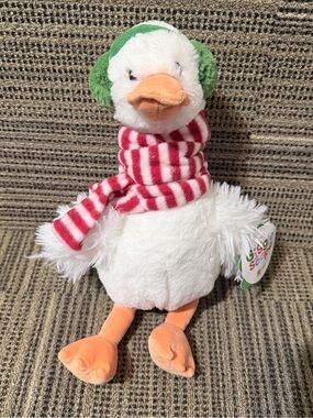 Plush White Duck Toy with Green Earmuffs and Red Striped Scarf